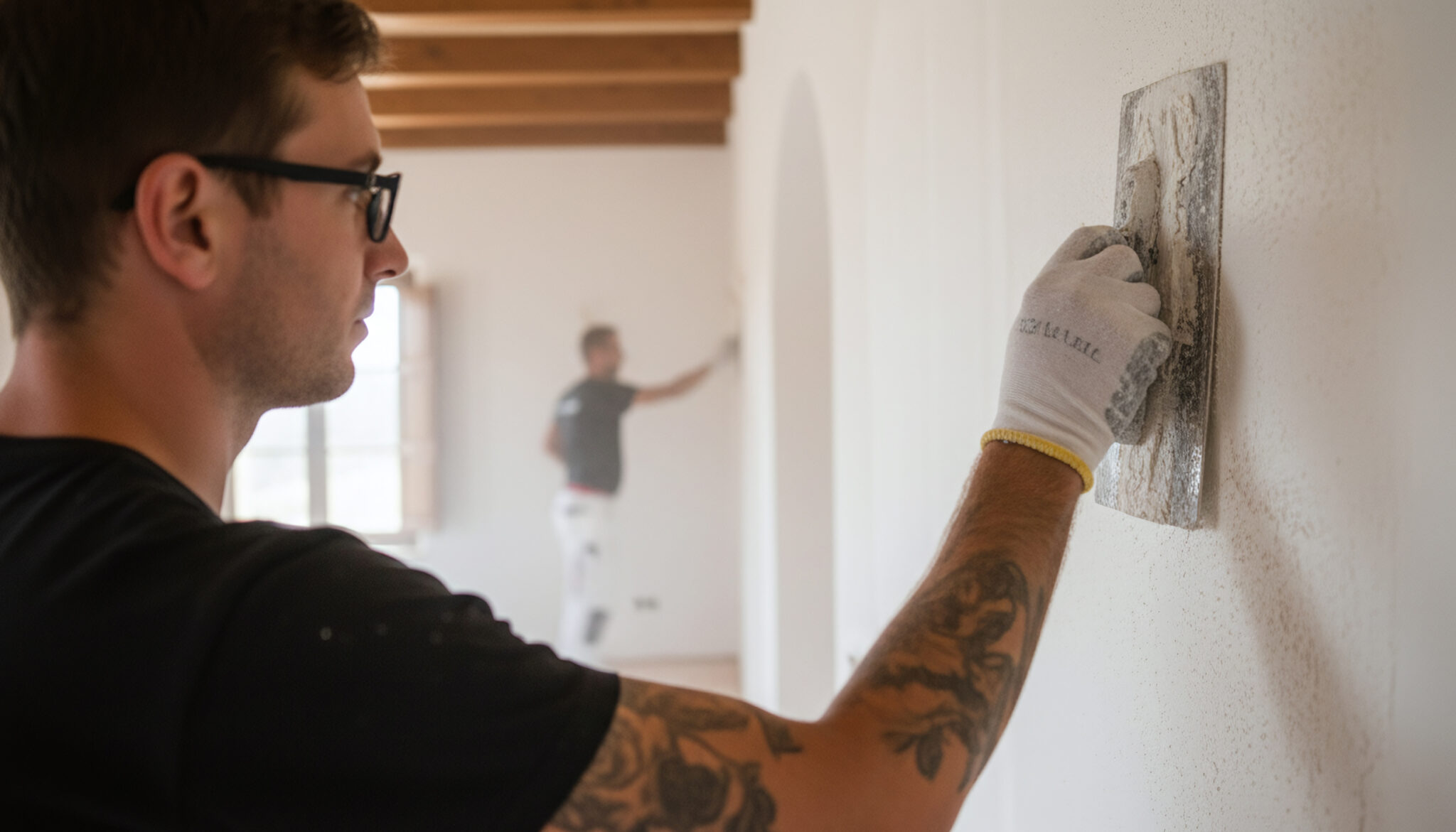 Craftsman smoothing an interior wall during a property renovation in Mallorca – precise painting service by a German painter team.