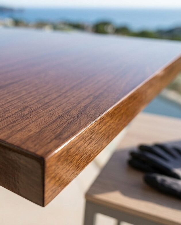 Nahaufnahme einer glänzenden, dunkelbraunen Holzoberfläche mit deutlicher Maserung, im unscharfen Hintergrund ist das Meer auf Mallorca zu sehen.